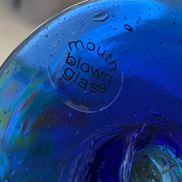 Mexico Mouth Blown Confetti Cobalt Blue Stem Base Margarita Glass Thick Heavy - Picture 7 of 14